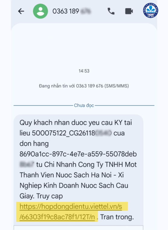 Tin nhắn SMS thông báo yêu cầu ký hợp đồng kèm đường link truy cập