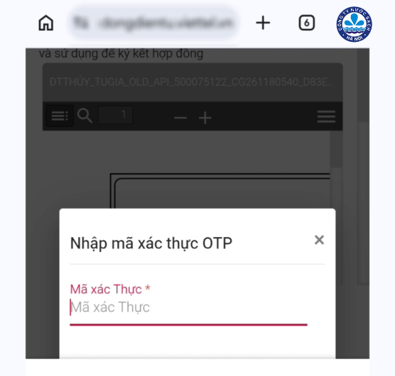 Nhập mã OTP xác minh chủ thể được gửi về số điện thoại đăng ký